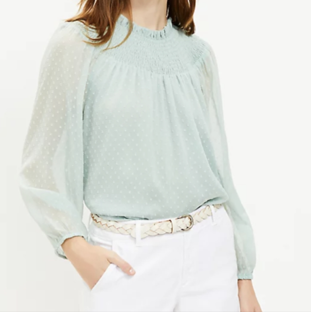 Smocked Yoke Neck Clip Blouse